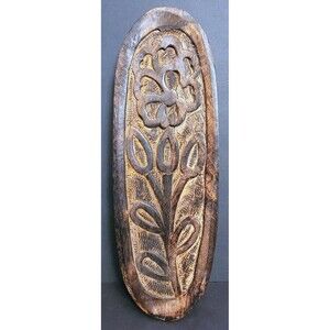 Decorative Hand-Carved Mango Wood Tray w/ Flower, Burnt Finish